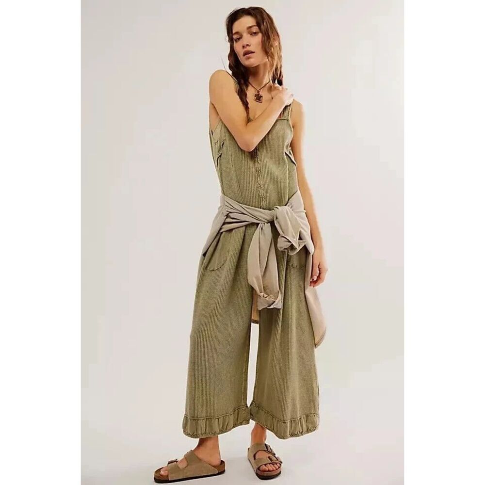 Free People Callie One-Piece Jumpsuit Wide-Leg Open Back Waffle FP ONE XL NEW